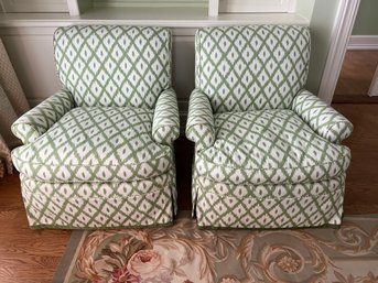 Pair Of Green And White Ikat Upholstered Arm Chairs
