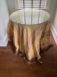 Round Glass-Topped Table With Upholstered Skirt