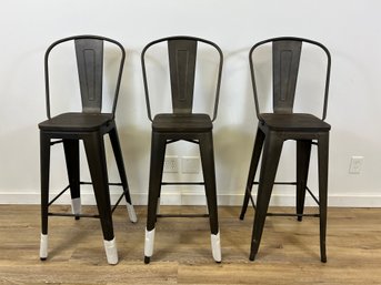 Set Of Three Metal And Wood Bar Stools (Lot 1 Of 2)