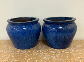 Pair Of Blue Glazed Ceramic Planters