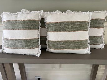 Set Of 4 Woven Striped Sage And Cream Throw