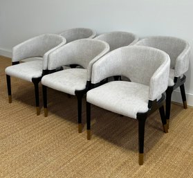 6 Light Gray Upholstered Dining Chairs With Brass Accents