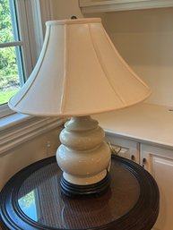26'ht Beige Ceramic Lamp With Wood Base