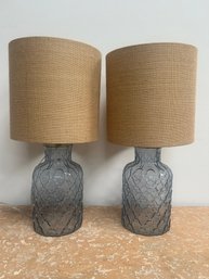 Pair Of Glass Lamps With Grasscloth Shades