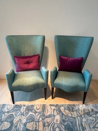 Pair Of Teal Custom High Wingback Chairs