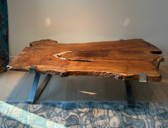 Custom Made Live Edge Coffee Table With Chrome Base