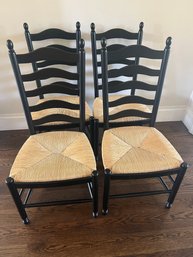 Set Of 4 Pottery Barn Ladder Back Black Dining Chairs With Rush Seating