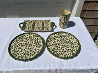 Set Of 4 Pacific Rim Handpainted Holly Pattern Holiday Ware
