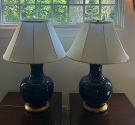 33' Ralph Lauren Cobalt Blue Table Lamps With Gold Base