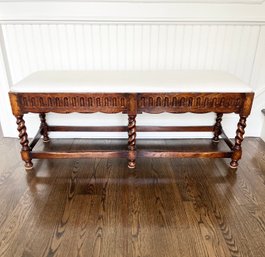 Carved Wood Linen Upholstered Bench