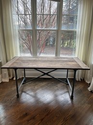 Restoration Hardware Natural Wood Table With Iron Base On Wheels