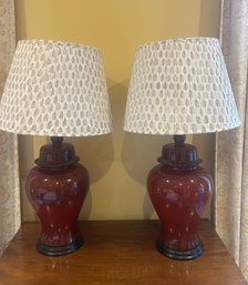 Pair Of 21' Chinese Style Red Glazed Porcelain Lamps