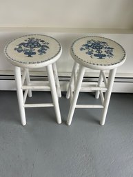 Pair Of Painted Blue And White Stools