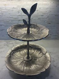 Two Tier Silver Metal Floral Serving Tray