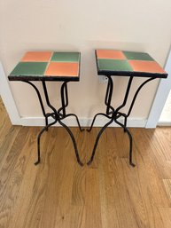 Pair Of Tiled Top Wrought Iron Tables