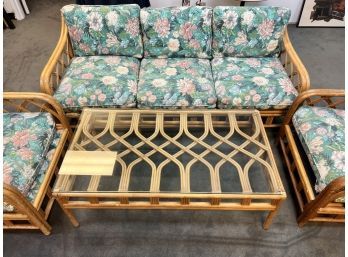 Set Of Vintage Rattan Sofa, 2 Chairs And Coffee Table