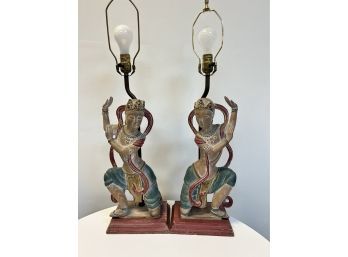 Set Of 2  Wooden Indian Hindu Lamps