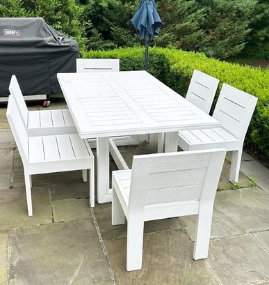 Outdoor Modern Wooden Dining Set (Table, 6 Chairs, & Umbrella) - In White