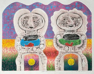 1976 Shigeru Narikawa (Japan, B. 1946) Aquatint Etching 'Two Hawaiians'- Signed - 36' X 26.5'