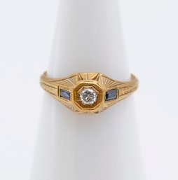 Antique Art Deco 14K Gold, Diamond, And Sapphire Ring - Size 5.5