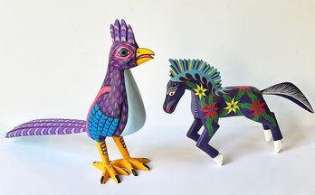 Pair Of Alba Hernandez Hand Painted Wood Animal Carvings - Famous Oaxaca Mexican Artist