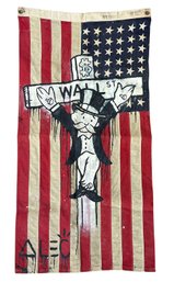 Alec Monopoly (b. 1986) Original Acrylic And Spray Paint On A Vintage US Flag 'Wall St Crucifix'