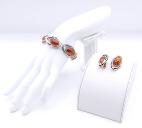 Vintage Silver And Pressed Amber Bracelet / Earrings Set