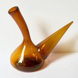 Vintage Spanish Hand-Blown Brown Amber Glass Porron Wine Pourer / Decanter