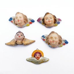 5 Different Hand Painted Plaster And Wood Cherubs - Folk Art