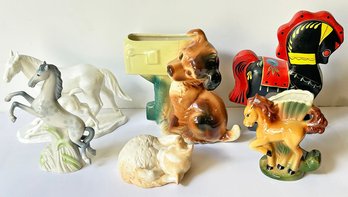 Vintage Porcelain And Wood Animal Planters / Figurines