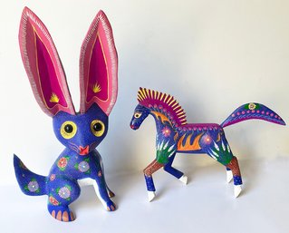 Pair Of Aurora Sosa Hand Painted Wood Animal Carvings - Famous Oaxaca Mexican Artist