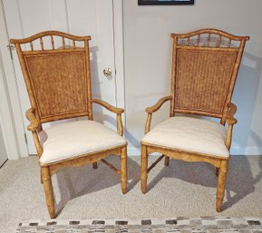 Pair Of Faux Bamboo Wooden Upholstered Armchairs