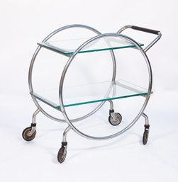 1930's Bauhaus Tubular Chrome And Glass Wheeled Bar Cart