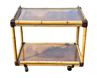 Vintage Burl/Bamboo Modern Bar Trolley With Removable Tray - Fabrizio Smania For Studio Smania Interni