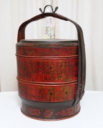 Antique Chinese Red Lacquer Wood And Gilt Yellow Nesting Wedding Basket W/Handle