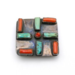 Vintage Navajo Indian Silver, Turquoise, And Coral Belt Buckle