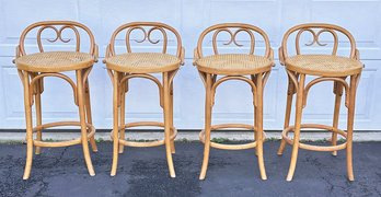 Set Of 4 Vintage 1970's Bentwood Counter Stools With Cane Seats