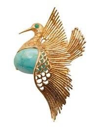 18K Gold & Jade Bird Brooch