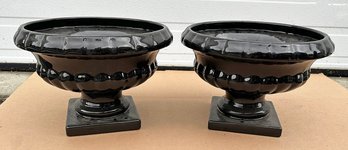 Pair Of Black Ceramic Planters - 13' Diameter / 9.5' Tall