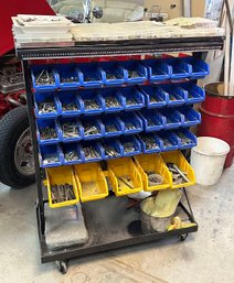 Double Sided Rolling Bin Rack / Organizer - Filled With Metal Bolts, Etc