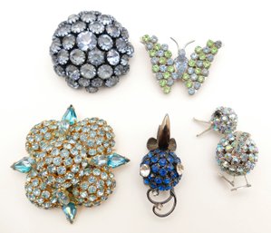 5 Vintage Joseph Warner Rhinestone Brooches - Duck, Butterfly, Round Domed, And More