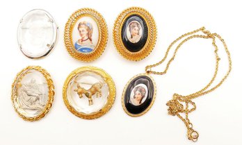 5 Vintage Joseph Warner Cameo Brooches & Pendant Necklace