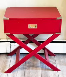 Red Wood Campaign Side Table / Nightstand With Drawer
