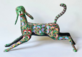 Candido Jimenez Ojeda Hand Painted Wood Carving - Dog With Flowers - Oaxaca Mexican Artist