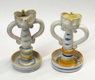 Pair Of Vintage Sicilian South Italian Pair Of Majolica Ceramic Candlesticks