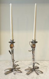 Pair Of Vintage Modern Handmade Silverplate Flatware Candleholders