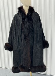 Vintage Leather And Fox Cape - With Removable Pleaded Warm Inner Lining