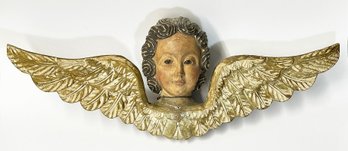 Beautiful Antique Hand Carved And Painted Wooden Cherub With Glass Eyes