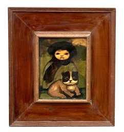 Mid-Century Modern Original Oil On Board - Child With Dog