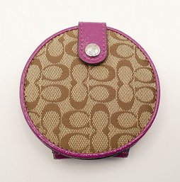 Coach Compact Mirror - Signature Logo Pattern With Purple Trim